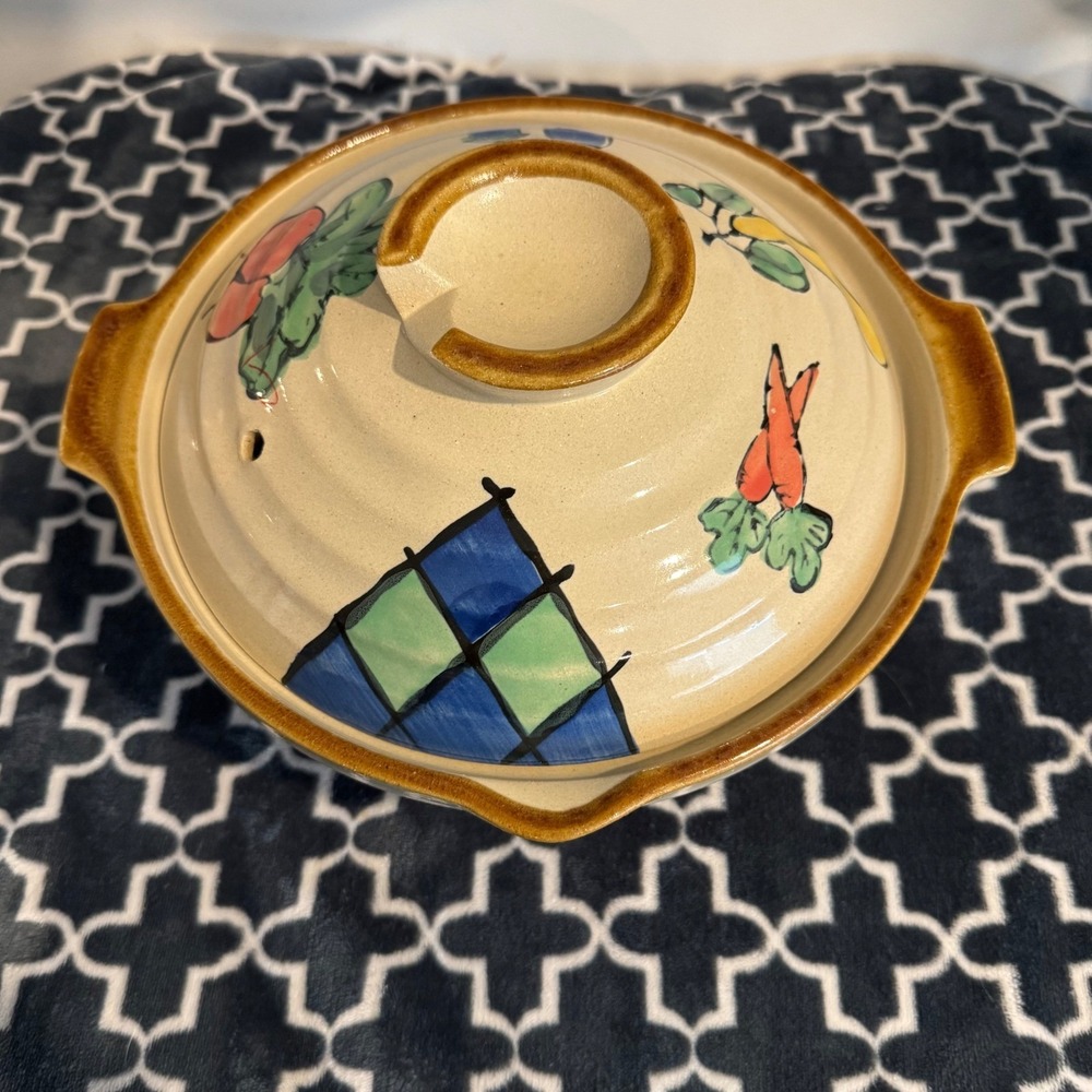 Vintage Japanese Donabe Ceramic Lidded Casserole Dish Hand Painted Vegetables